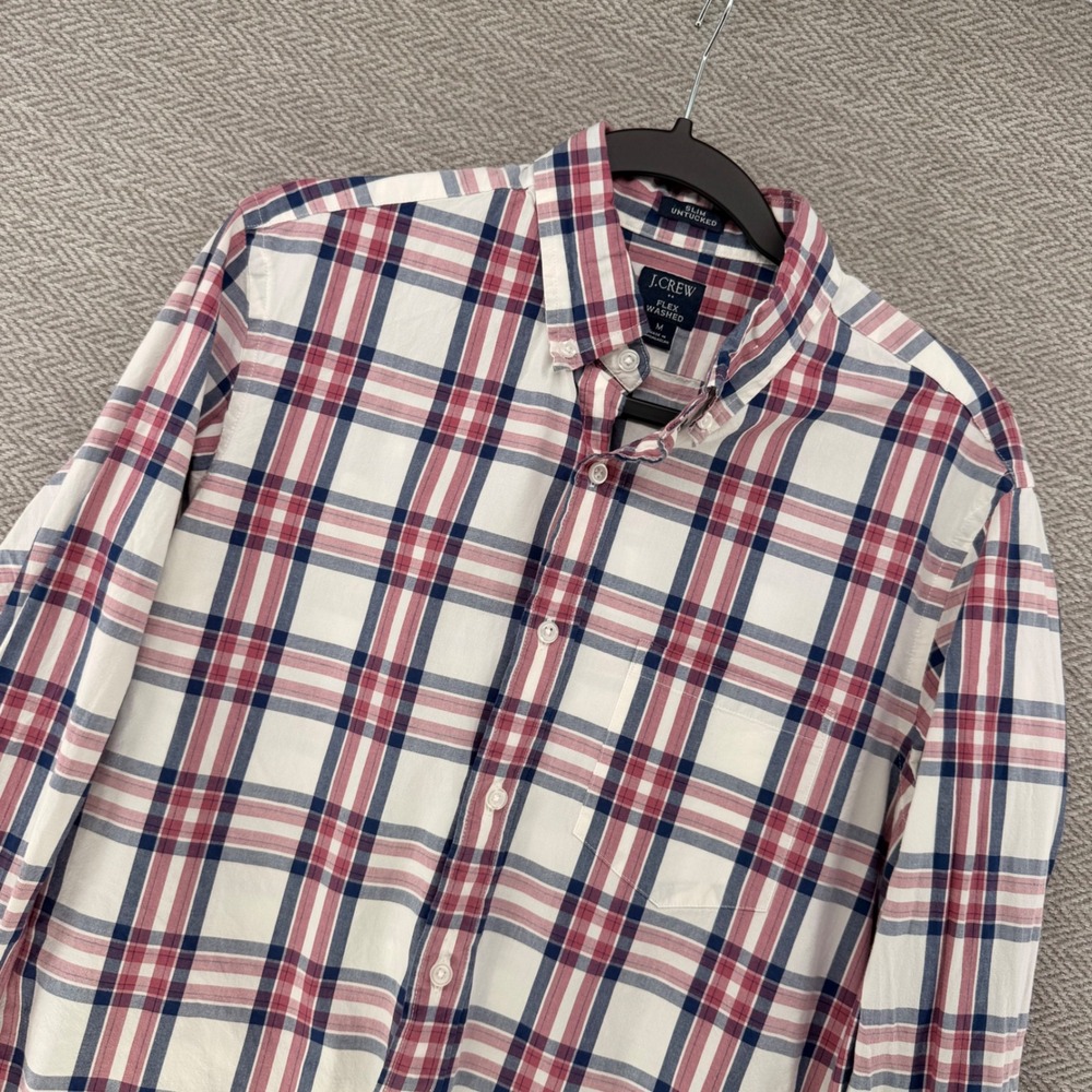J.Crew Button Down Shirt Medium Red Plaid Cotton Slim Untucked Flex Washed Mens